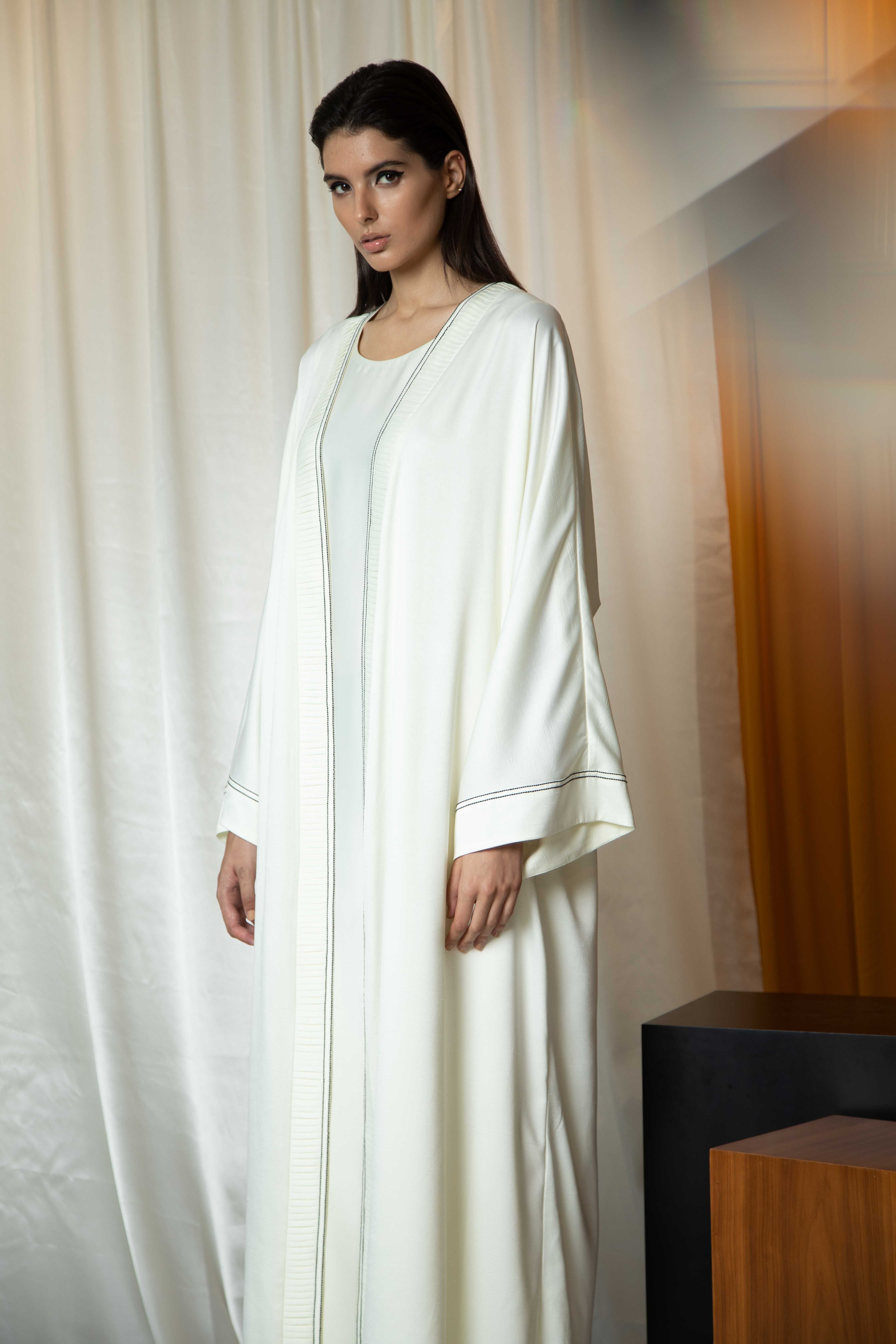 Off White Abaya  with Front Pleats BLANC  8 3
