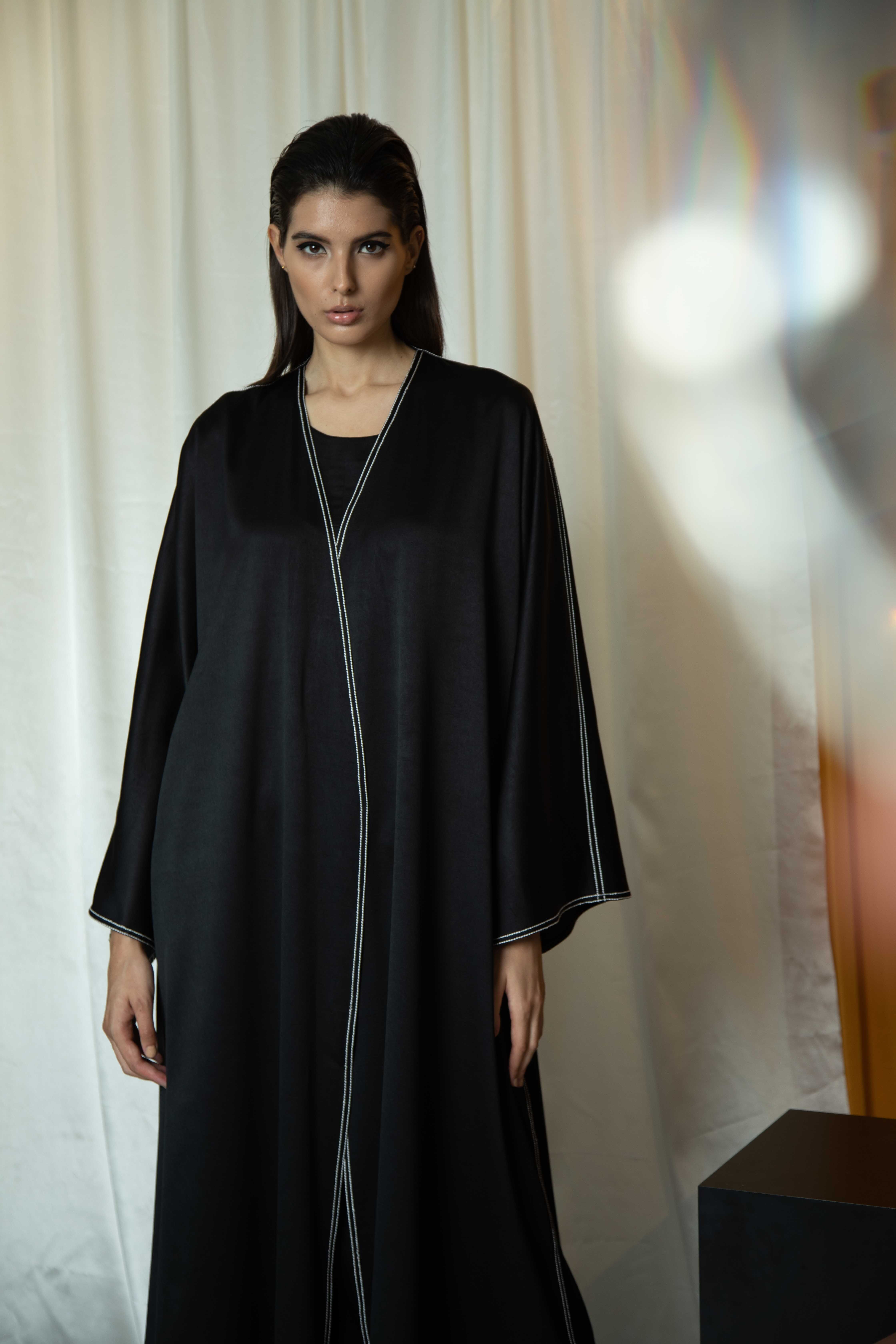 Black Abaya  with Anchor Stitch BLANC  8 3