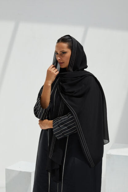 Black abaya with off white sleeve stitch lines and piping - Black abaya designs