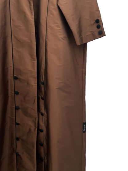 Brown coat abaya with black piping and buttons - best abaya fashion online store