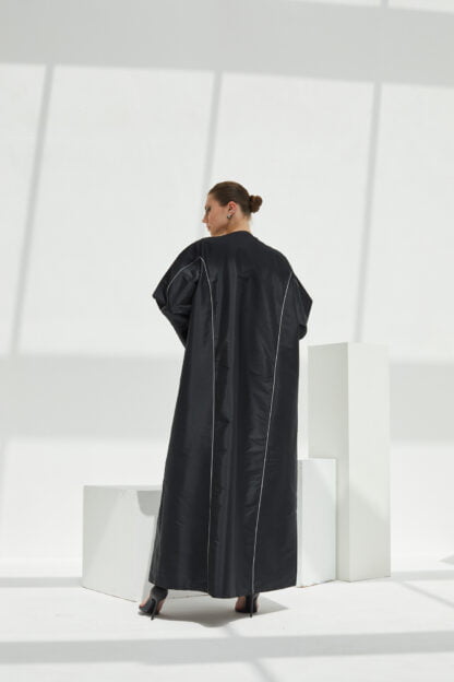 Black abaya with grey piping and buttons