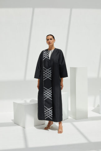 Black abaya with grey crisscross strips - Bes abaya design online