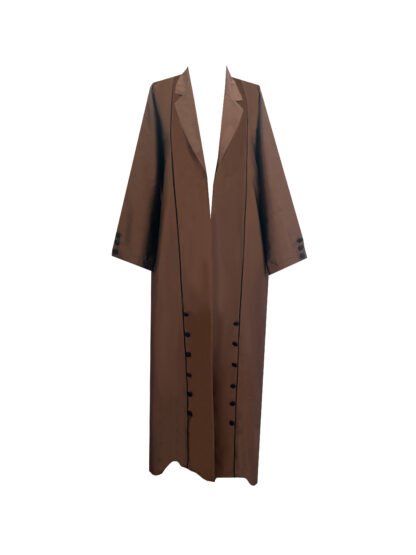 Brown coat abaya with black piping and buttons