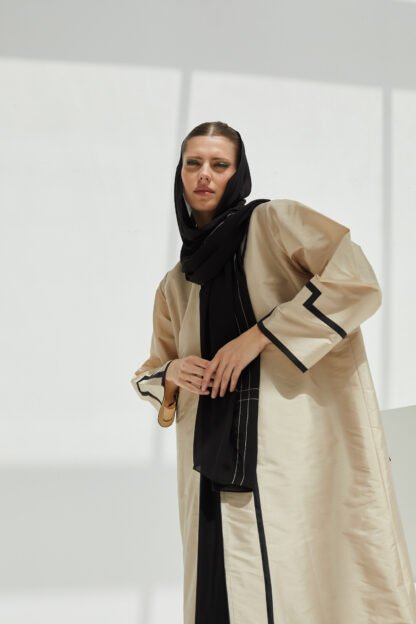 Beige abaya with flat black piping - Best abaya designs online