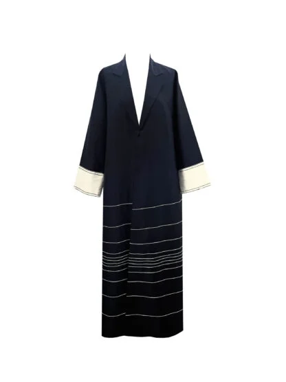 Black coat abaya with off white stitch detail and sleeve slits